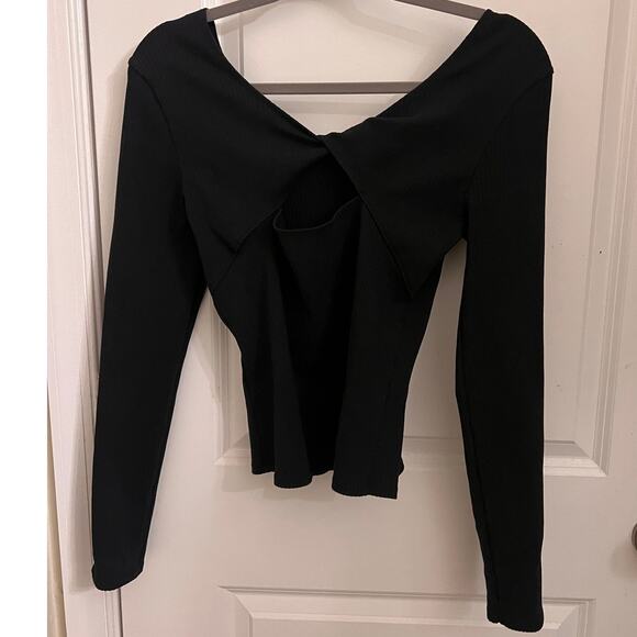 Pact Organic Cotton Refined Rib Long Sleeve Twist Back L Top Black Casual Chic - Picture 2 of 6